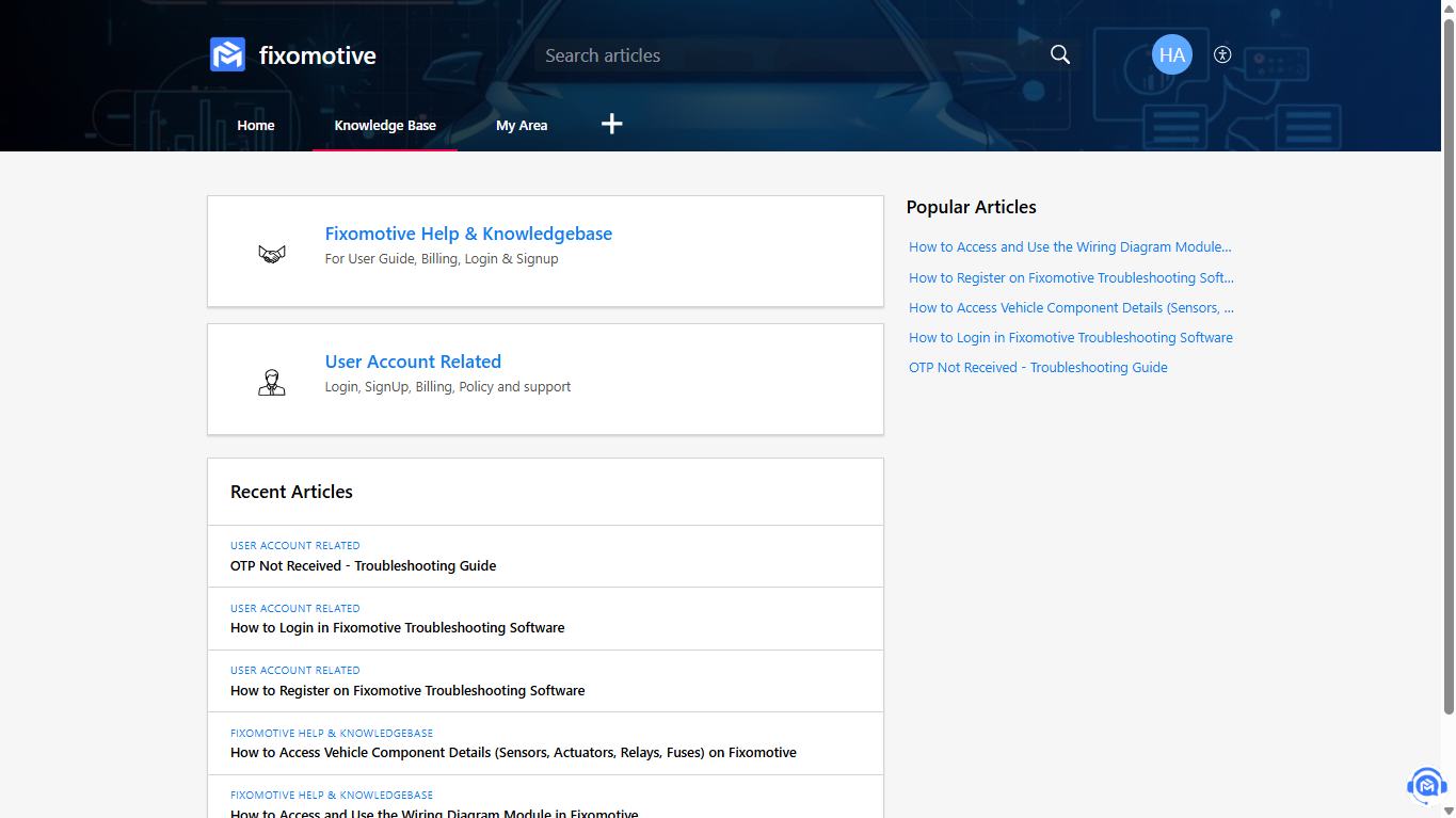 Fixomotive Help Center homepage showing search bar, categories for “Fixomotive Help & Knowledgebase” and “User Account Related,” plus Popular and Recent Articles like “How to Login,” “How to Register,” and “OTP Not Received – Troubleshooting Guide