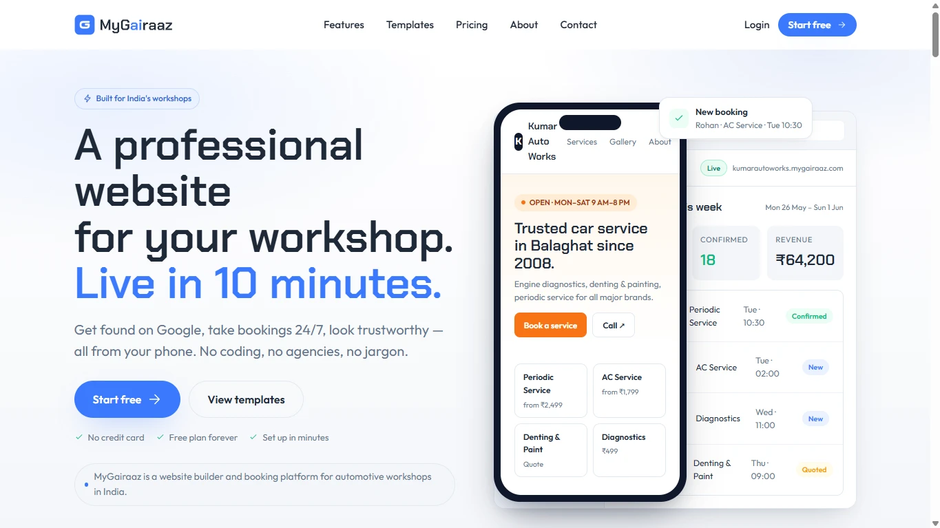 Landing page of MyGairaaz, a website builder for automotive workshops. The left side features the bold headline "A professional website for your workshop. Live in 10 minutes." with "Start free" buttons. The right side showcases a smartphone mockup displaying a sample workshop site ("Kumar Auto Works") alongside a booking dashboard tracking revenue and confirmed appointments.