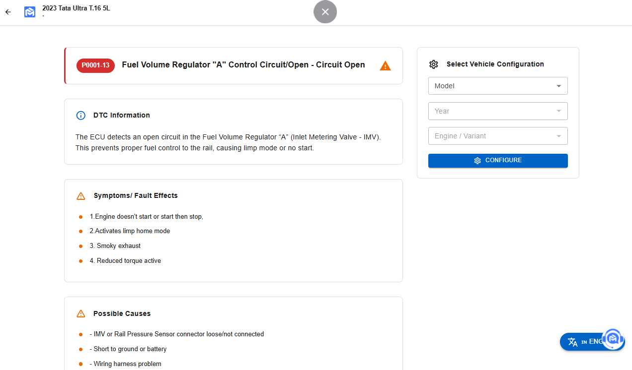 Fixomotive DTC result screen showing fault code P0001-13, fuel volume regulator circuit fault details, symptoms, causes, and vehicle configuration options