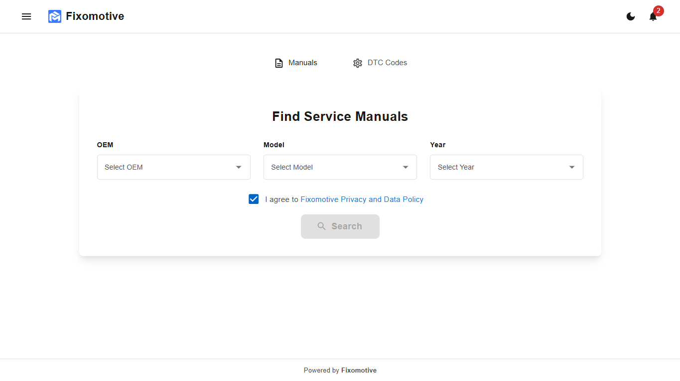 Fixomotive automotive repair software home page with service manual search filters for OEM, model, and year