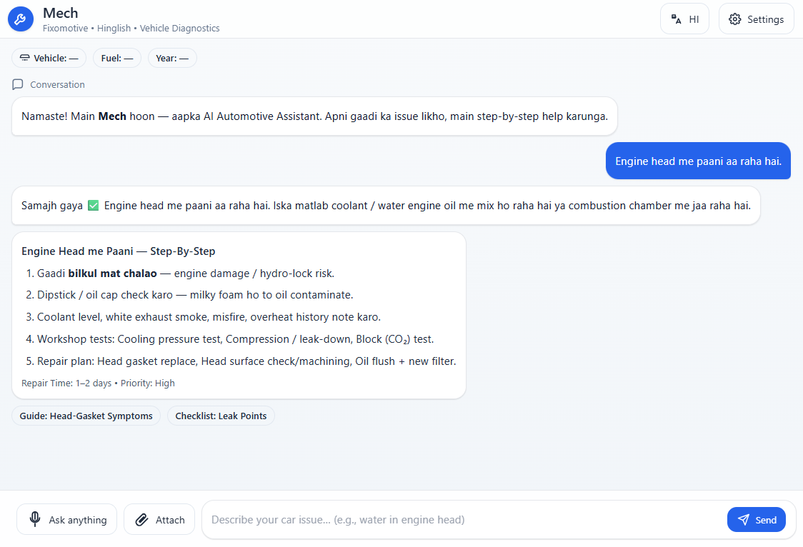 Fixomotive Mech AI automotive assistant chat screen showing a Hindi query about water entering the vehicle headlight and step-by-step repair guidance with language selector and settings menu visible.