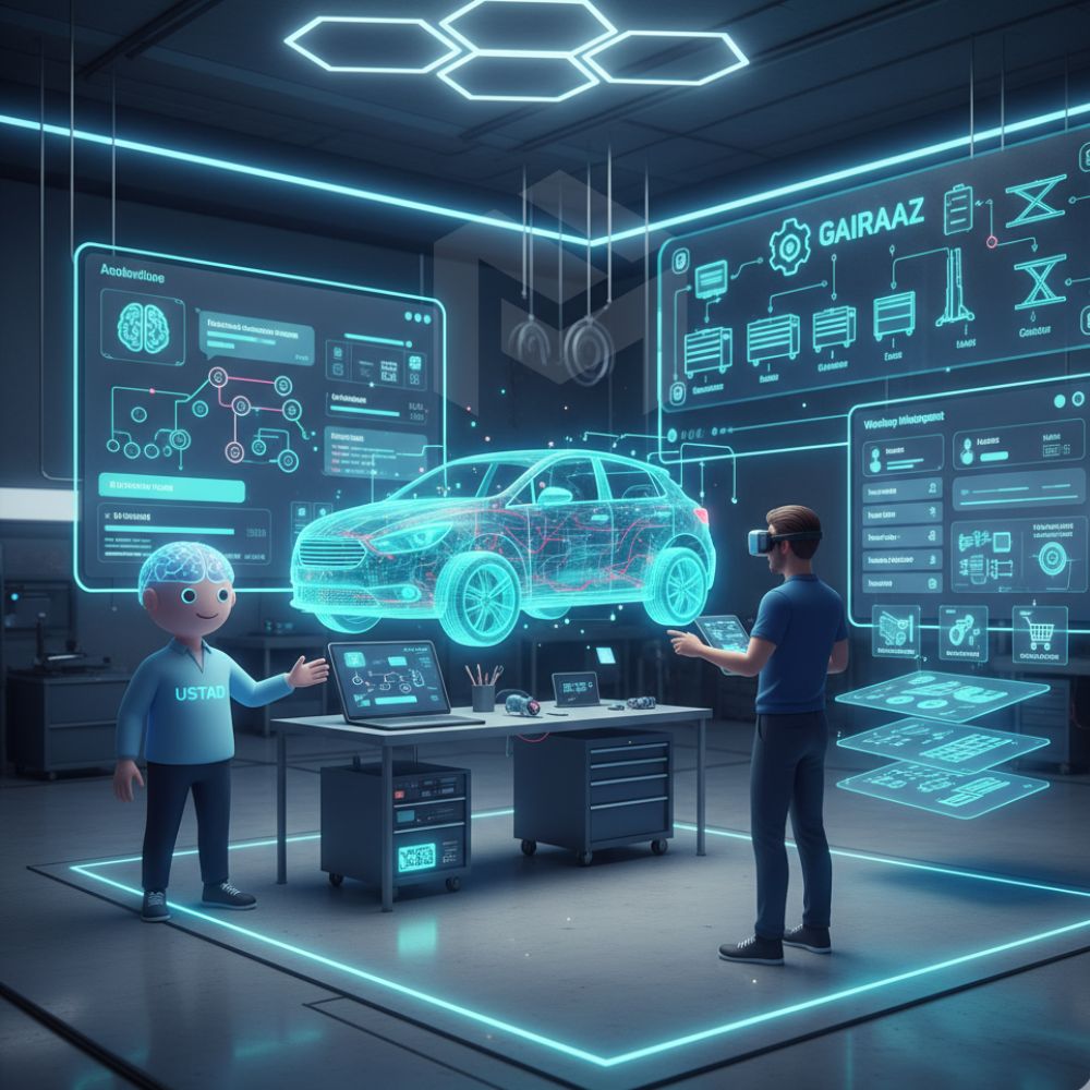 Futuristic automotive workshop with holographic 3D car model, AI assistant Ustad, and technician using VR to diagnose vehicle systems.