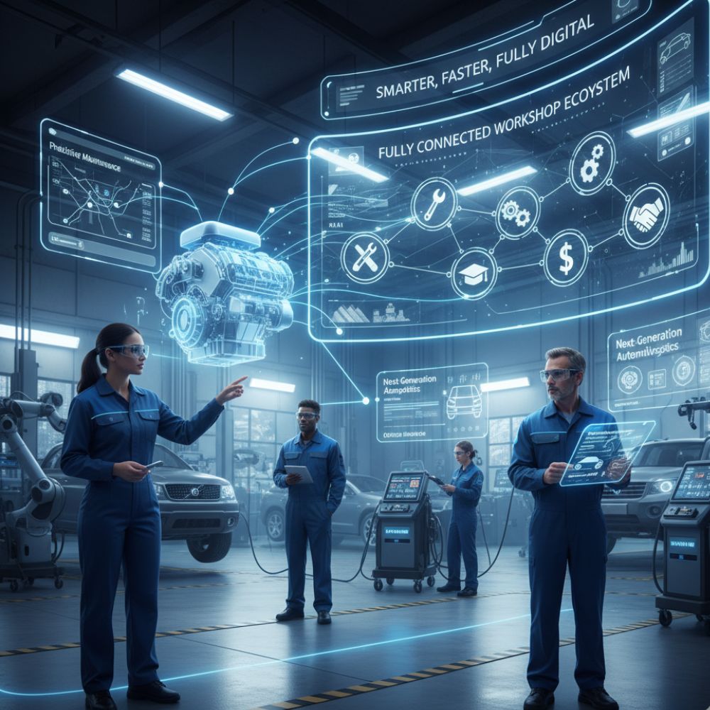 A futuristic garage scene with technicians interacting with holographic displays showing automotive diagnostics, vehicle telematics, and a connected workshop ecosystem with icons for management, parts, billing, training, and customer experience. The scene emphasizes AI-powered solutions and digital connectivity.