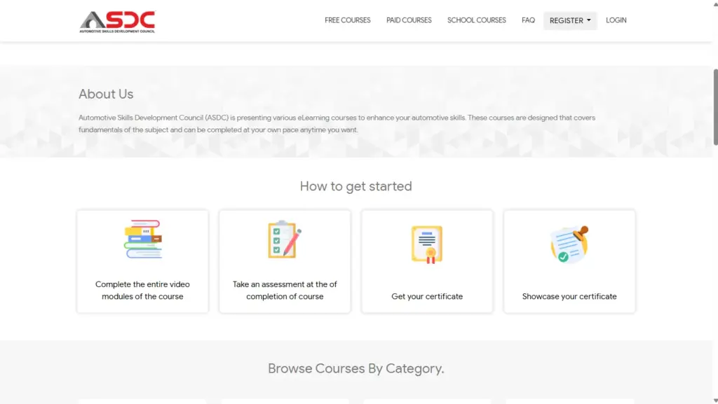 A screenshot of the ASDC course portal homepage, featuring navigation links, a brief "About Us" description, and a four-step visual guide on how to complete a course and earn a certificate.