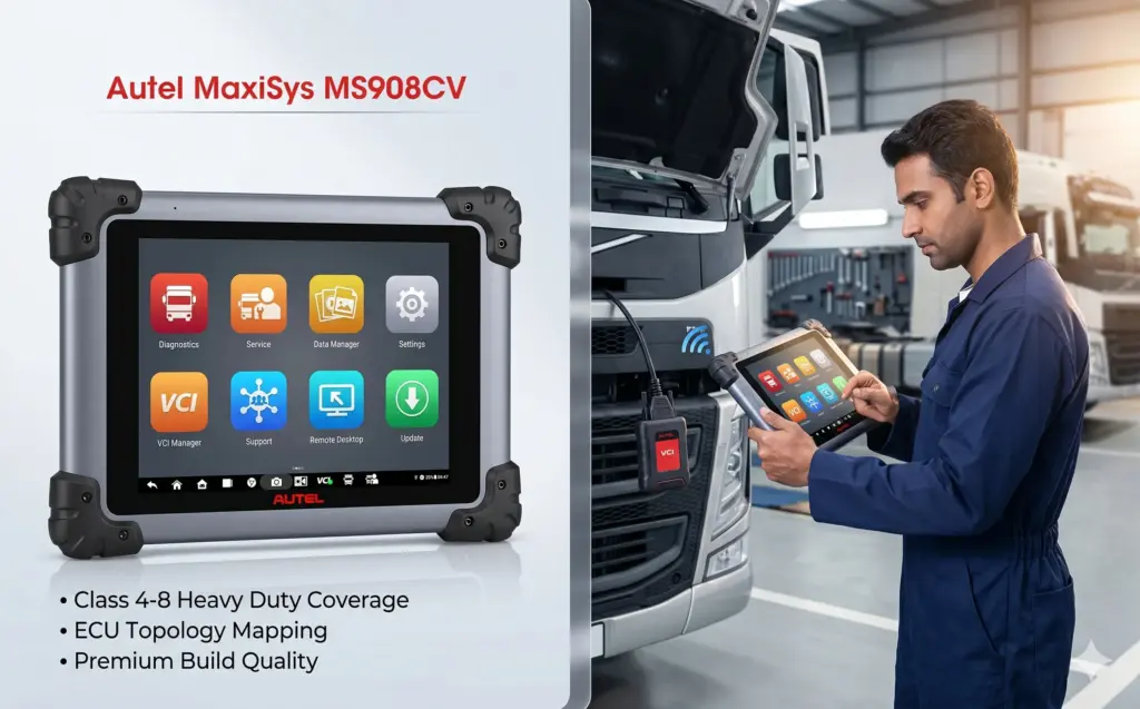 A professional split-panel product showcase for the Autel MaxiSys MS908CV. The left panel features a high-end studio shot of the rugged silver and grey tablet, displaying its 8-tile diagnostic interface and key features like "Class 4-8 Heavy Duty Coverage" and "ECU Topology Mapping." The right panel shows a focused Indian technician in a navy blue uniform using the tablet to diagnose a large white heavy-duty truck in a clean, modern workshop.
