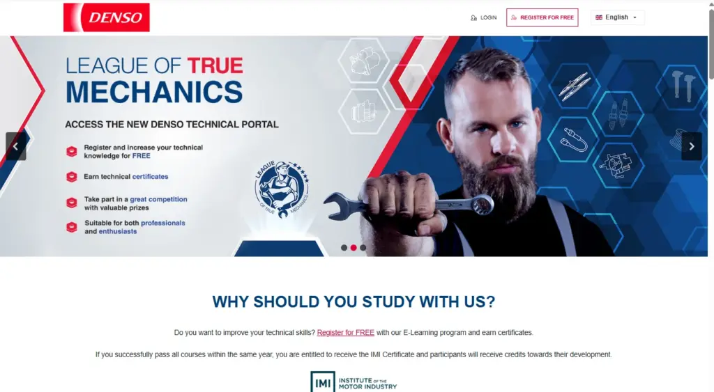 A promotional banner for the DENSO "League of True Mechanics" technical portal, featuring a focused mechanic holding a wrench against a blue background with hexagonal icons of automotive parts. The text highlights benefits such as free registration, technical certificates, and competitions for both professionals and enthusiasts, with the Institute of the Motor Industry (IMI) logo at the bottom.