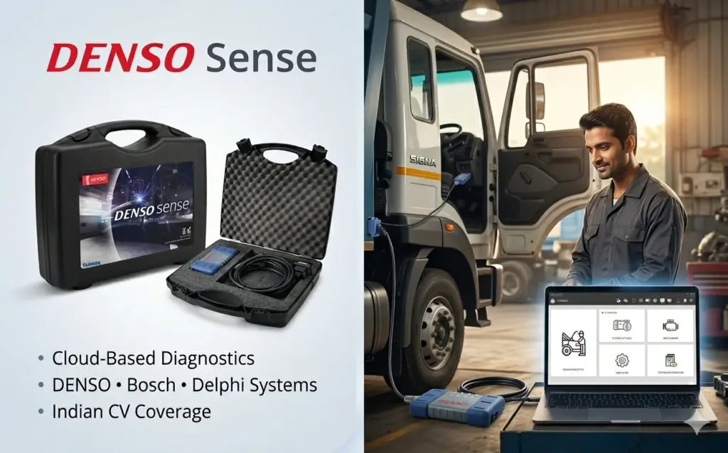 Promotional image split into two panels showcasing the DENSO Sense vehicle diagnostic system kit for commercial vehicles (CV). The left side lists features like Cloud-Based Diagnostics, multi-brand support (DENSO, Bosch, Delphi), and extensive Indian CV coverage, alongside the VCI tool cases. The right side shows an Indian mechanic using the tool on a white commercial truck (Tata style), with diagnostic software open on a laptop in a garage setting.