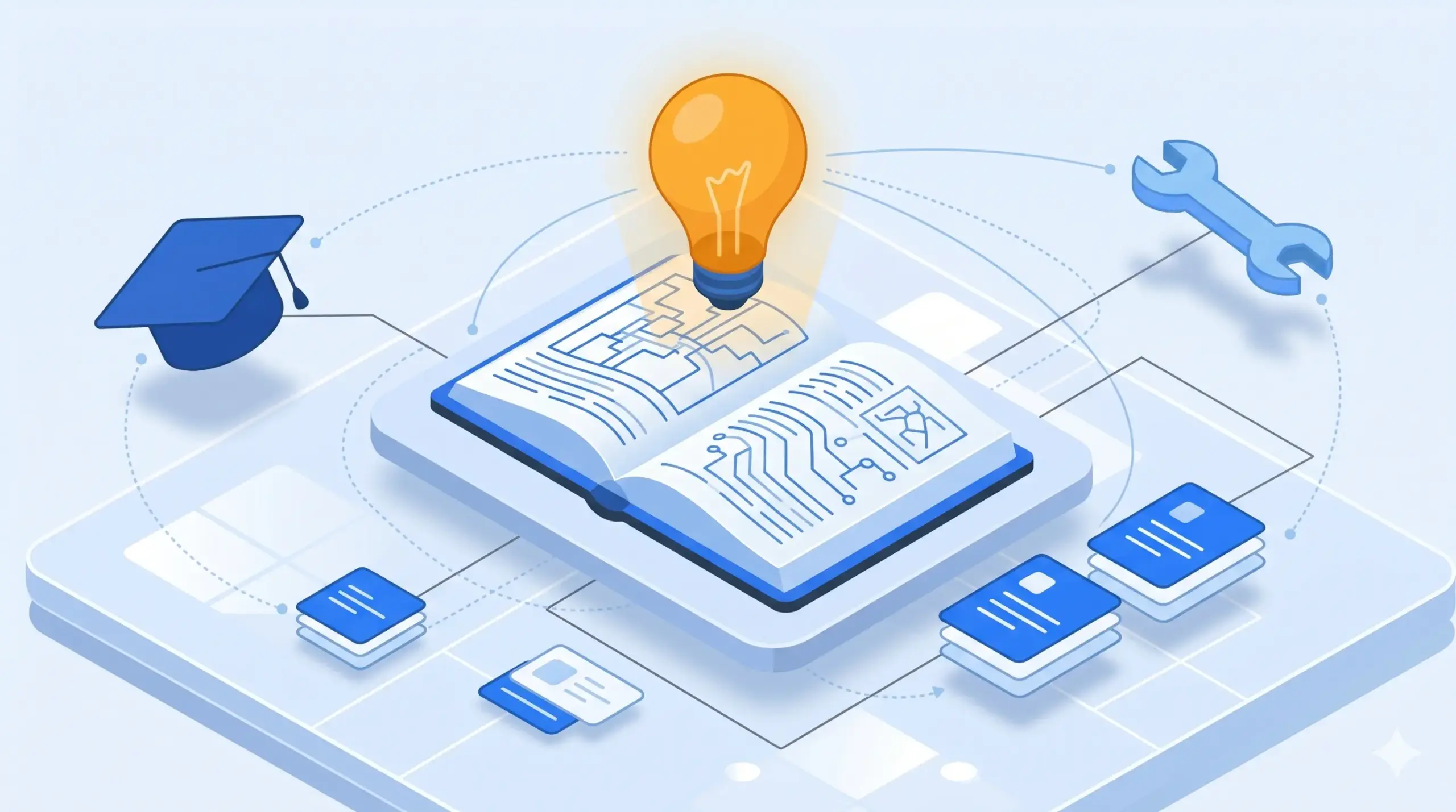 Modern isometric 3D illustration featuring an open technical manual with digital wiring patterns, illuminated by a glowing amber lightbulb. Surrounding the book are floating icons of a graduation cap, a wrench, and knowledge cards, connected by subtle light blue lines on a clean white background.