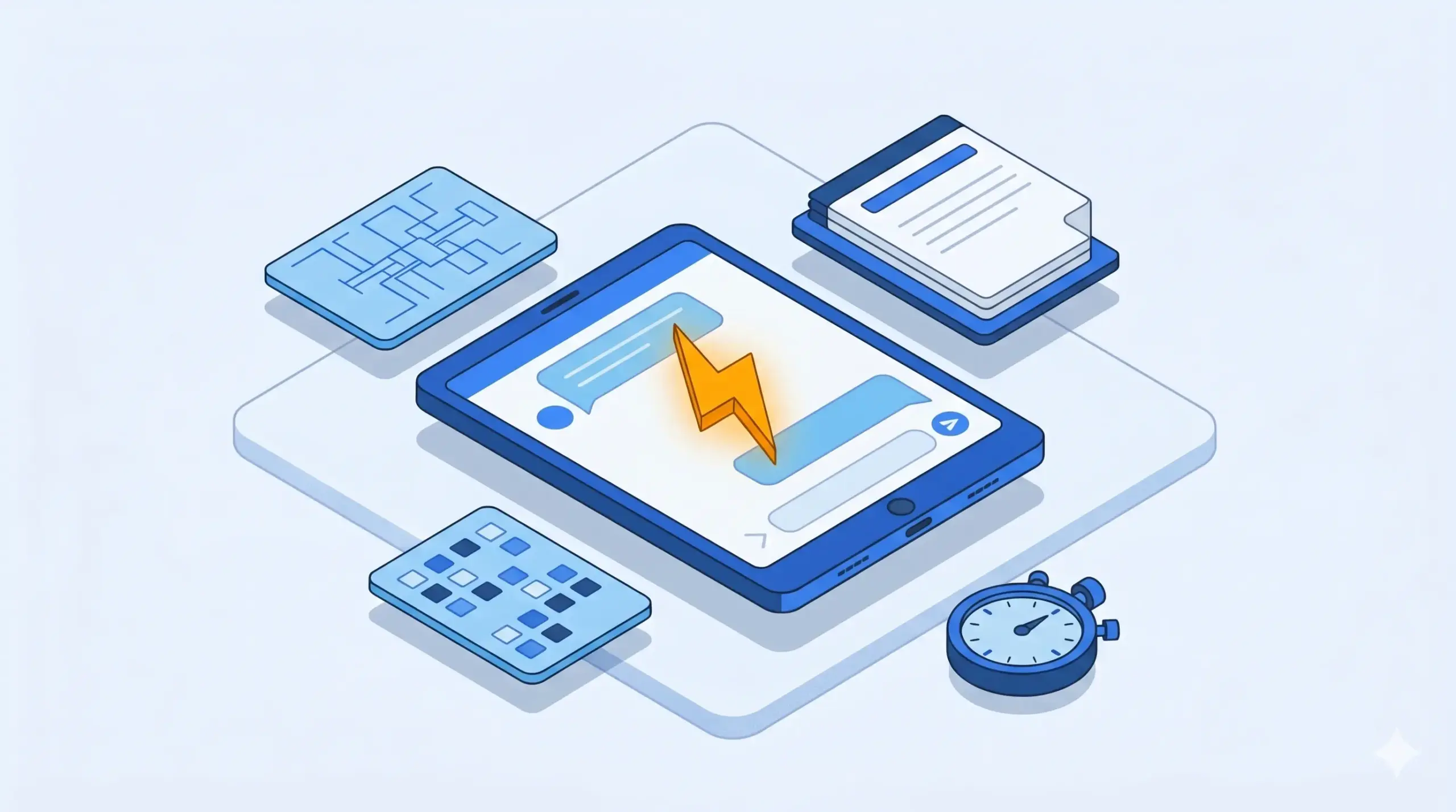 An isometric vector illustration with a blue palette, showing a central blue tablet with a messaging interface and a prominent orange lightning bolt on the screen. The tablet is surrounded by four panels: a stopwatch, a stack of documents, a circuit board panel, and a data-point grid panel, all on a light grid platform.