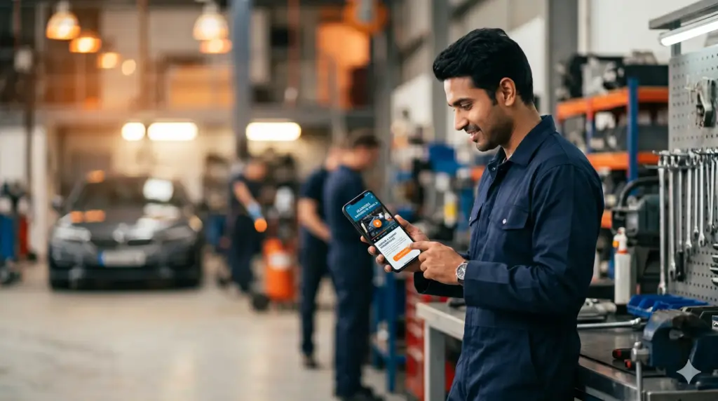 An Indian automotive technician in a blue uniform smiles as he interacts with a skill-development training app on his smartphone in a modern, well-equipped workshop with other cars and mechanics in the background. learning online automotive training