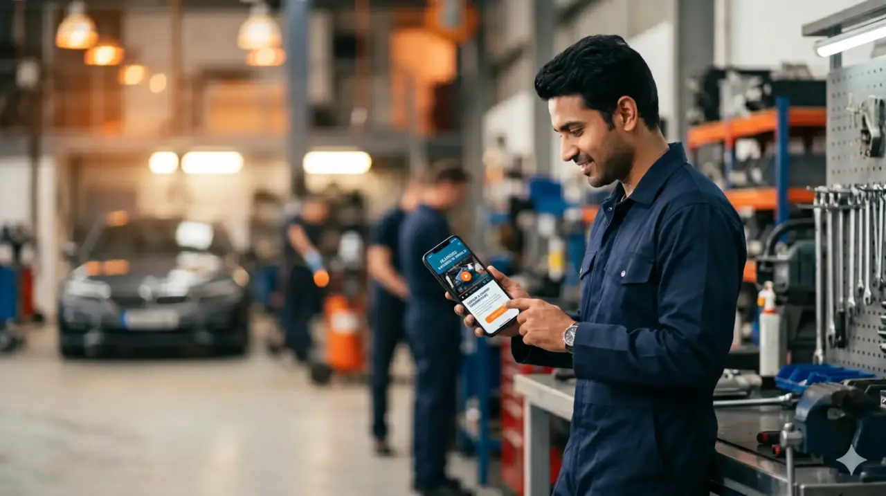 An Indian automotive technician in a blue uniform smiles as he interacts with a skill-development training app on his smartphone in a modern, well-equipped workshop with other cars and mechanics in the background. learning online automotive training
