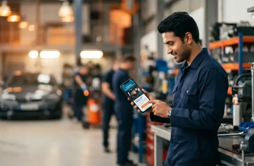 An Indian automotive technician in a blue uniform smiles as he interacts with a skill-development training app on his smartphone in a modern, well-equipped workshop with other cars and mechanics in the background. learning online automotive training