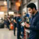 An Indian automotive technician in a blue uniform smiles as he interacts with a skill-development training app on his smartphone in a modern, well-equipped workshop with other cars and mechanics in the background. learning online automotive training