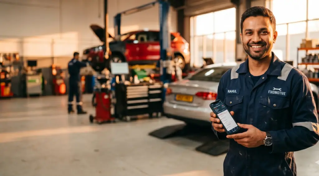 A smiling Fixomotive service advisor named Rahul, wearing a uniform with 'Rahul' and 'Fixomotive' patches, holds a smartphone displaying a digital service invoice. He is in a clean, modern automotive repair workshop with cars on lifts and warm sunlight, looking directly at the camera.