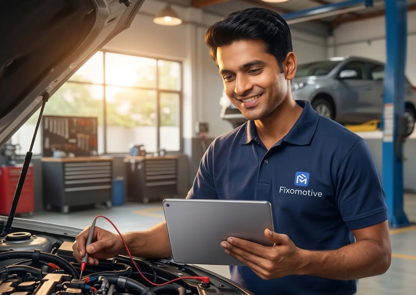 Young Indian automotive technician using AI-powered diagnostics on a tablet while performing electrical troubleshooting on a vehicle in a professional workshop