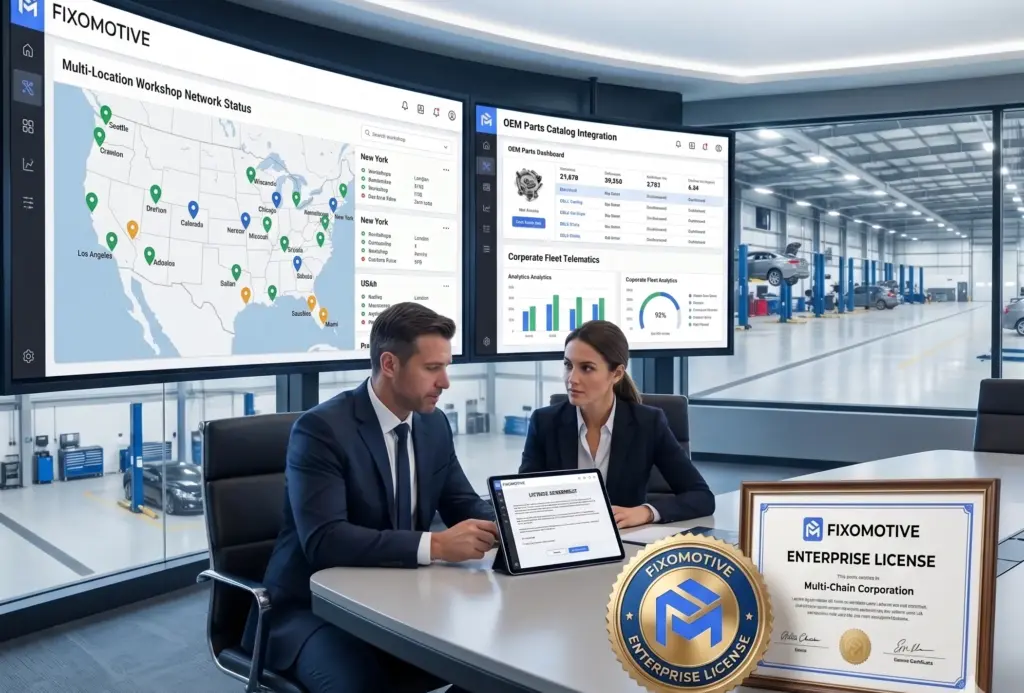 Fixomotive Enterprise License for automotive workshop chains, OEMs, and corporate fleets — multi-location dashboard and OEM parts integration.