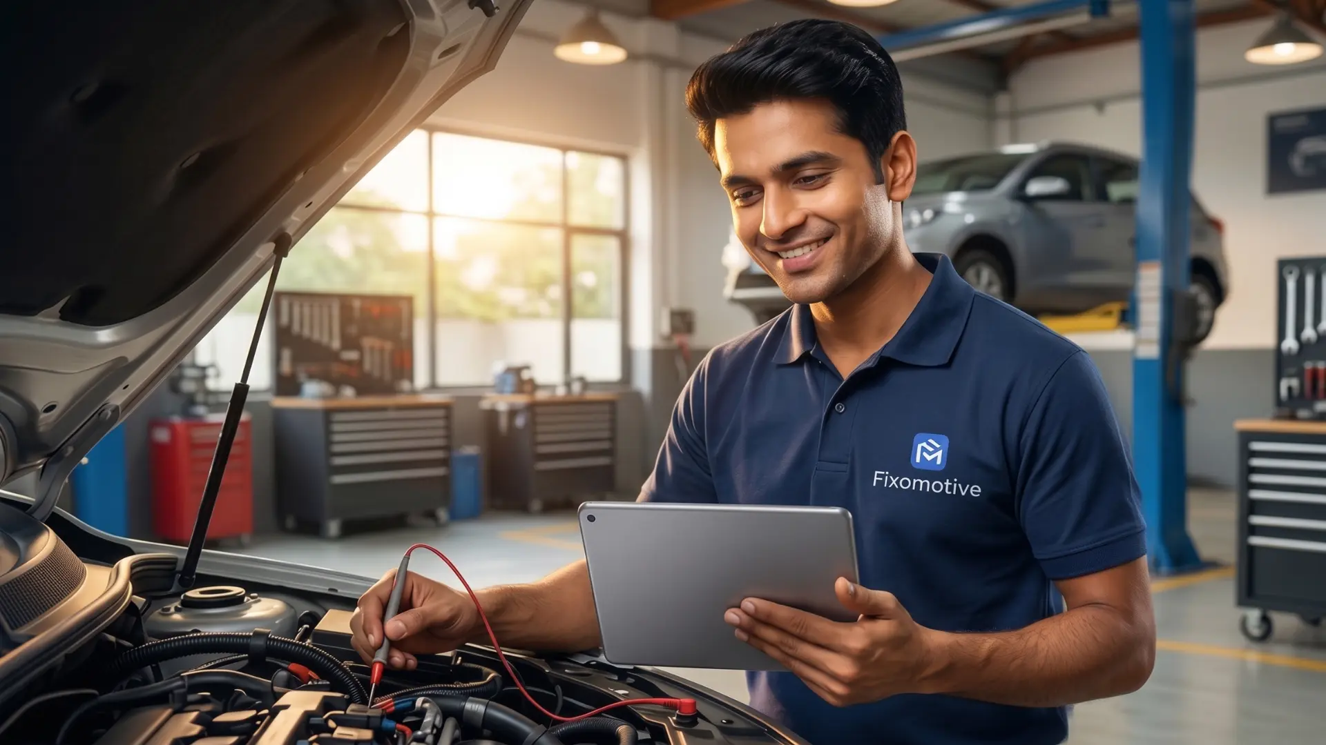 Young Indian mechanic using Fixomotive's AI-powered diagnostics app on a tablet while performing electrical troubleshooting on a car engine in a professional automotive workshop.