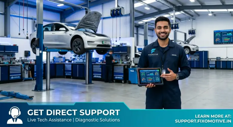 A landscape, photorealistic image of a smiling young Indian male automotive technician standing in a bright, modern car workshop. He is wearing a dark navy blue uniform with the "Fixomotive" logo and holding a rugged tablet that displays colorful diagnostic charts, pointing to the screen with his right hand. In the background, a silver modern car is raised on a hydraulic lift, another mechanic is working near blue tool cabinets, and a large wall monitor shows additional vehicle data. Across the bottom of the image is a teal and navy blue promotional banner. The left side of the banner features a headset icon with the text "GET DIRECT SUPPORT" and "Live Tech Assistance | Diagnostic Solutions." The right side of the banner reads "LEARN MORE AT: SUPPORT.FIXOMOTIVE.IN" next to the Fixomotive logo.