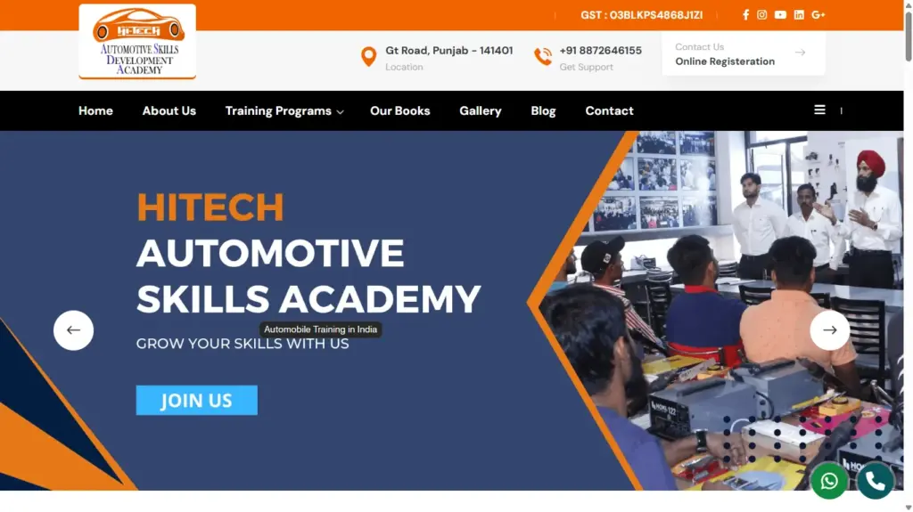 A website screenshot for Hi-Tech Automotive Skills Development Academy features a navy blue banner with a collage of training photos.