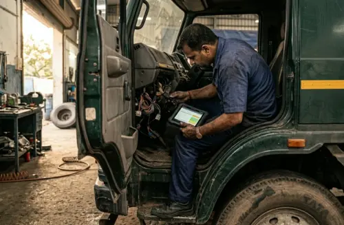 Professional Indian mechanic using a handheld truck diagnostic scanner on a heavy-duty commercial vehicle in a wor