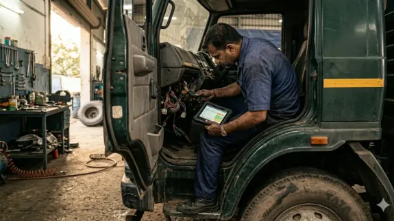 Professional Indian mechanic using a handheld truck diagnostic scanner on a heavy-duty commercial vehicle in a wor