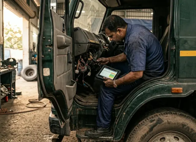 Professional Indian mechanic using a handheld truck diagnostic scanner on a heavy-duty commercial vehicle in a wor
