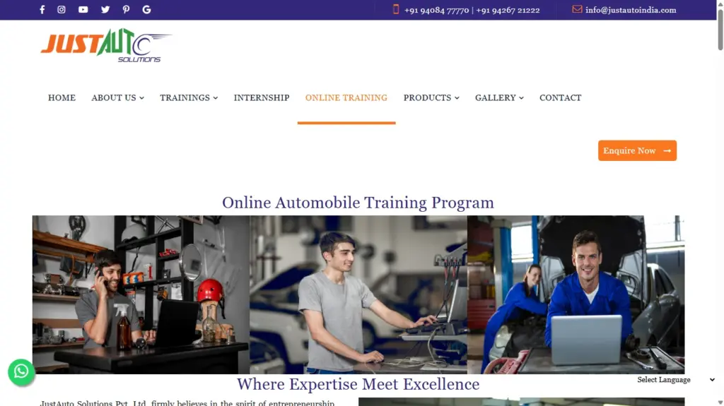 A screenshot of the Just Auto Solutions website highlighting their "Online Automobile Training Program." The image shows the company logo, navigation menu, and a hero banner featuring three different scenes of automotive technicians and students using laptops and diagnostic equipment in a workshop setting.