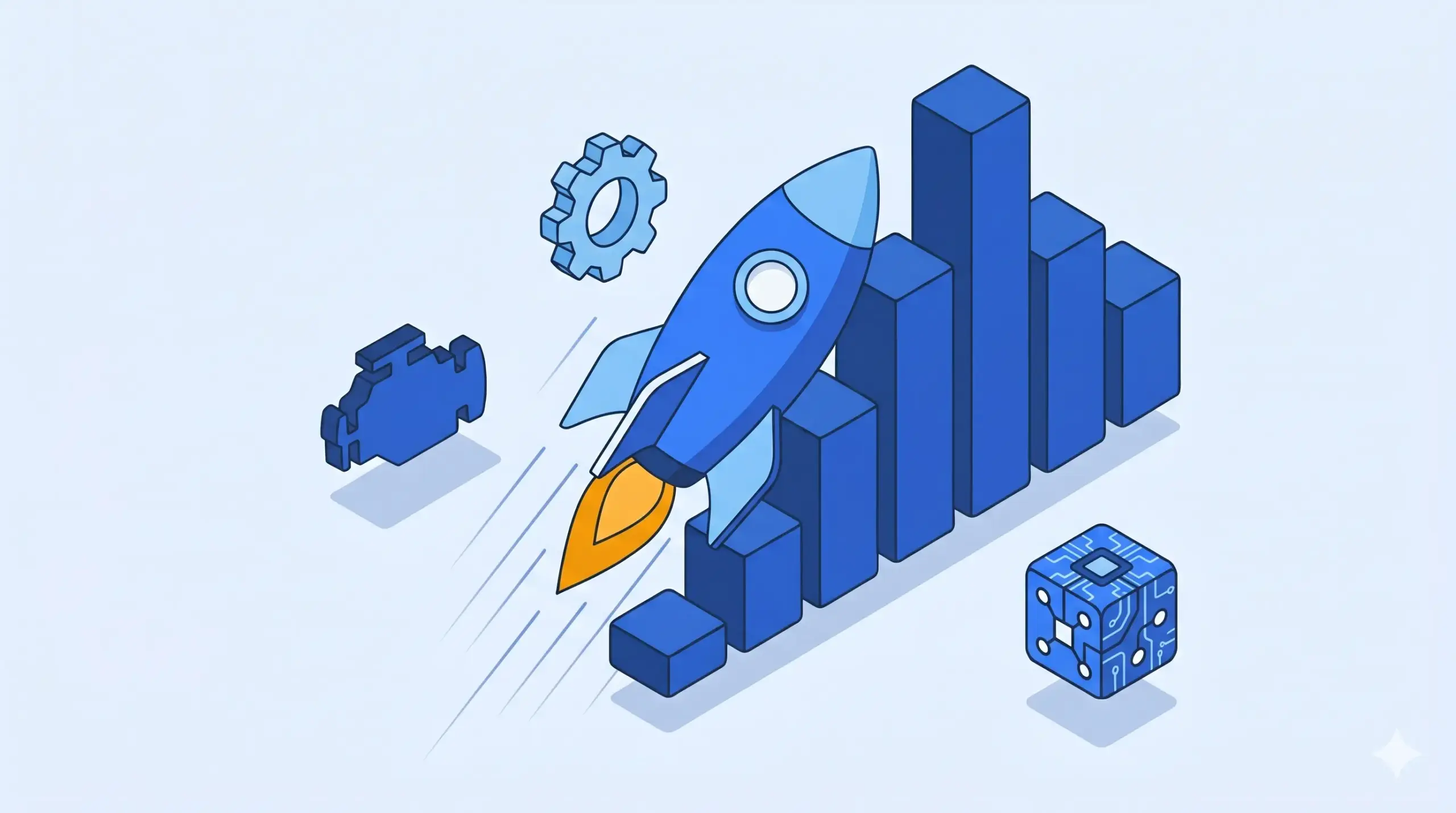 An isometric vector illustration of a blue rocket launching diagonally upwards, powered by an orange and yellow exhaust flame. The rocket is blasting past a blue, rising bar chart, symbolizing accelerated performance and growth. Floating icons representing technical and mechanical skills—a gear, a car engine block, and a circuit-board cube—orbit the rocket's trajectory. The entire composition conveys rapid skill development and technical acceleration.