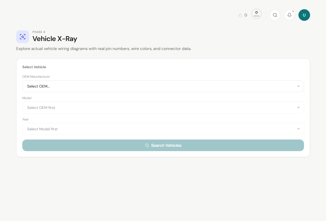 A screenshot of the "Vehicle X-Ray" search interface in Fixomotive Classroom, featuring dropdown menus for selecting OEM manufacturers, vehicle models, and production years to access real wiring diagrams.
