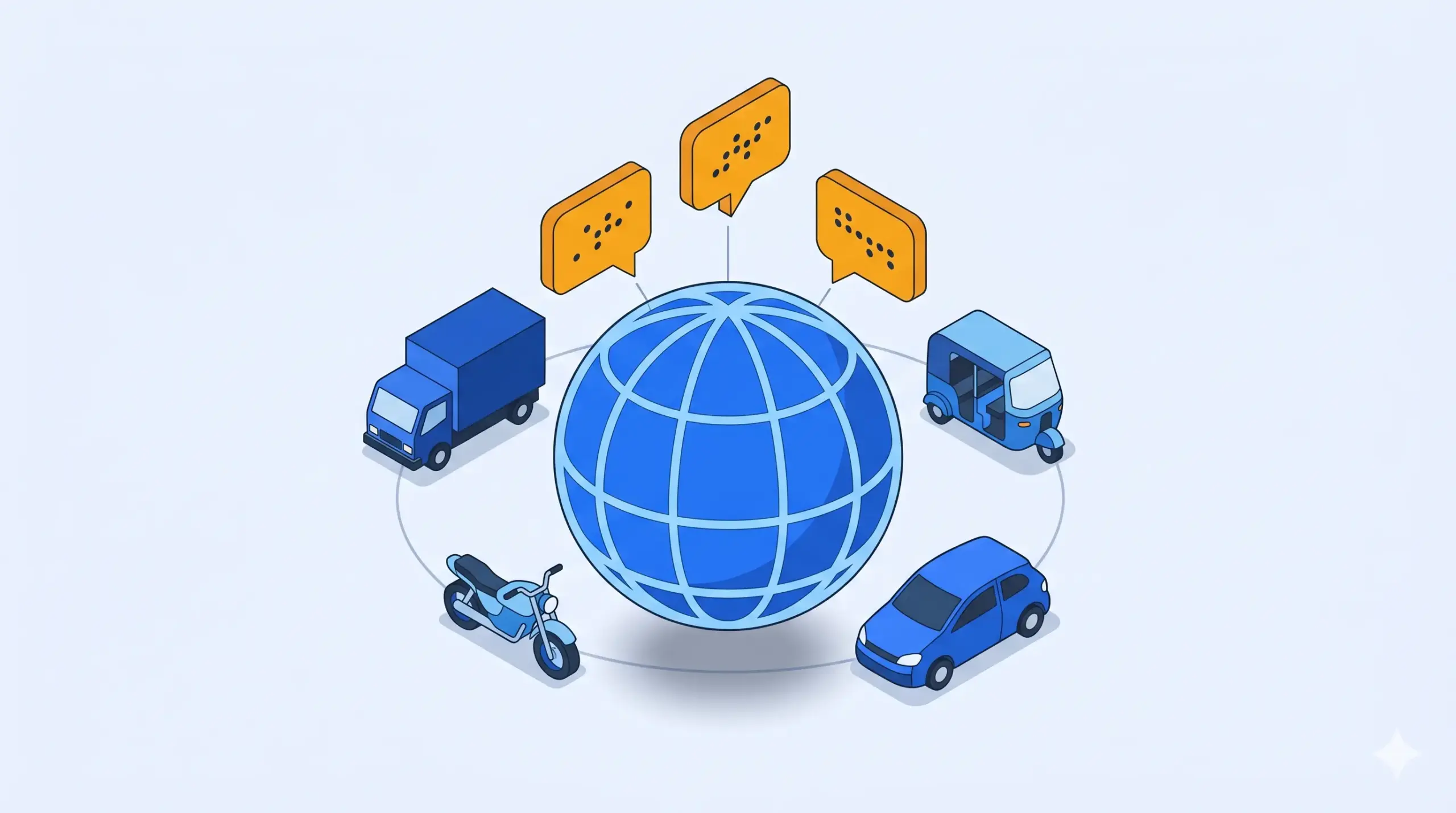 Isometric graphic of a blue globe surrounded by various Indian vehicles, with orange speech bubbles floating above to represent Fixomotive's multi-language platform.