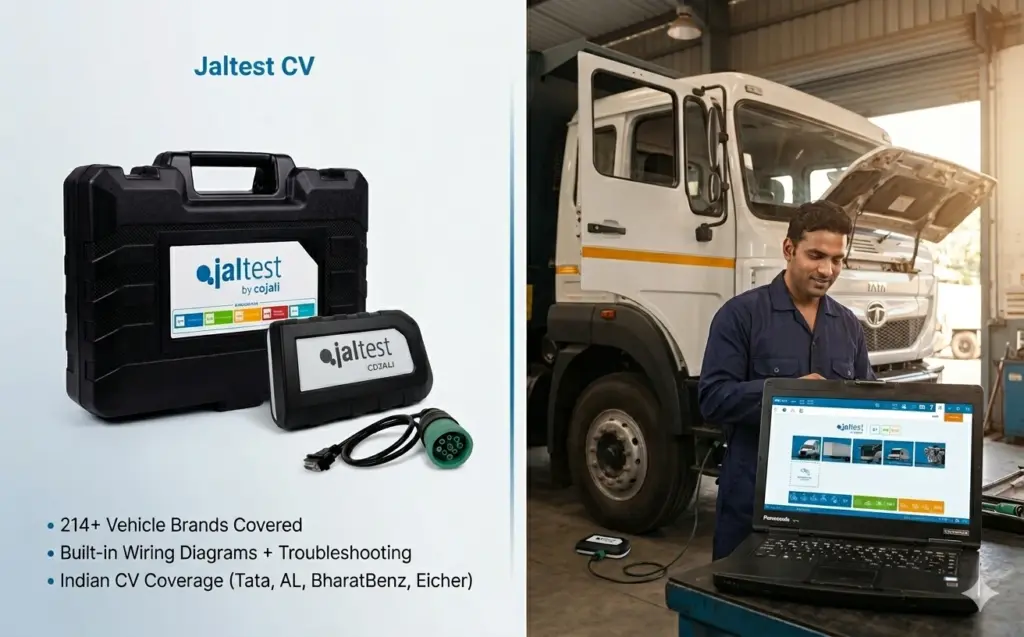 A promotional split-panel image for Jaltest CV. The left panel shows the diagnostic kit, including a black case with the 'jaltest by cojali' logo, a handheld diagnostic unit, and a green cable connector, with bulleted features listing coverage for 214+ brands, wiring diagrams, and Indian commercial vehicles (Tata, AL, BharatBenz, Eicher). The right panel features a photorealistic shot of an Indian technician in overalls smiling and using a rugged laptop with the diagnostic software connected to a white Tata truck in a garage setting, illustrating its practical use on a heavy-duty vehicle.