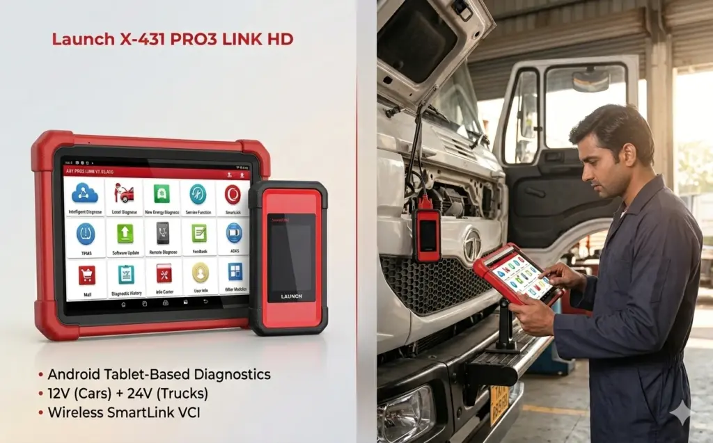 A professional split-composition image showcasing the Launch X-431 PRO3 LINK HD diagnostic system. The left panel features a clean studio product shot of the red-bumpered Android tablet and the SmartLink VCI unit against a light grey background. The right panel depicts an Indian male technician in a navy blue workshop uniform using the tablet to diagnose a heavy-duty white commercial truck, with the SmartLink device connected to the vehicle's engine interface.