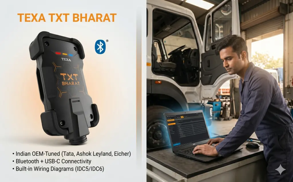 A professional split-composition product image for the TEXA TXT BHARAT diagnostic tool. The left panel features a high-detail studio shot of the rugged black VCI device, highlighting its orange geometric "Y" pattern, "TXT BHARAT" branding, and three status LEDs (red, amber, and blue). Technical features such as "Indian OEM-Tuned" and "Bluetooth Connectivity" are listed in clean text below. The right panel displays a photorealistic scene of an Indian male technician in a navy blue uniform using a professional laptop to run diagnostic software in a heavy-duty truck workshop, with a large commercial vehicle in the background.