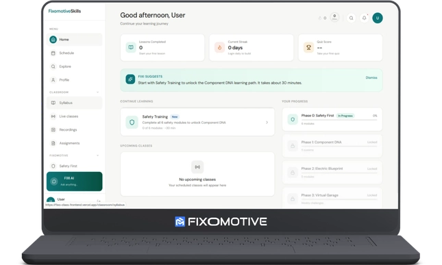 A laptop showing the web interface of the Fixomotive Skills learning dashboard. The main screen greets the user with "Good afternoon, User" and shows metric cards for lessons completed, daily streaks, and quiz scores. The central section displays a "Safety Training" course under "Continue Learning", while the right panel tracks learning phases like "Safety First" and "Component DNA". A dark-themed sidebar on the left includes navigation links for the syllabus, live classes, and a "FIXI AI" assistant chatbot.