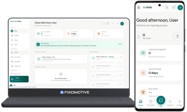 "A laptop and smartphone responsive mockup showcasing the FixSkills learning platform dashboard. The clean, white-themed interface displays user learning journeys, lesson completion stats, current daily streaks, and upcoming safety training modules."