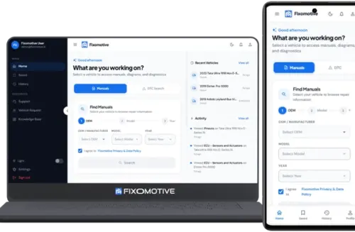 A laptop and smartphone mockup displaying the Fixomotive auto repair platform user interface. The dark and white theme UI showcases repair manual searches by OEM, model, and year, along with recent vehicles and activity tracking logs.