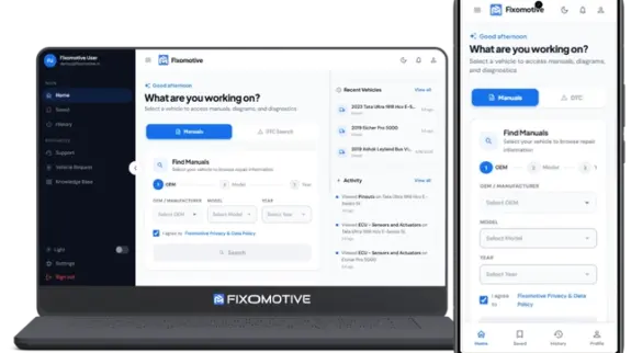 A laptop and smartphone mockup displaying the Fixomotive auto repair platform user interface. The dark and white theme UI showcases repair manual searches by OEM, model, and year, along with recent vehicles and activity tracking logs.