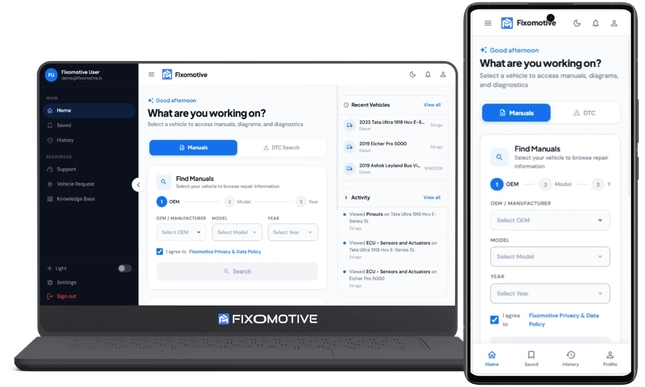 A laptop and smartphone mockup displaying the Fixomotive auto repair platform user interface. The dark and white theme UI showcases repair manual searches by OEM, model, and year, along with recent vehicles and activity tracking logs.