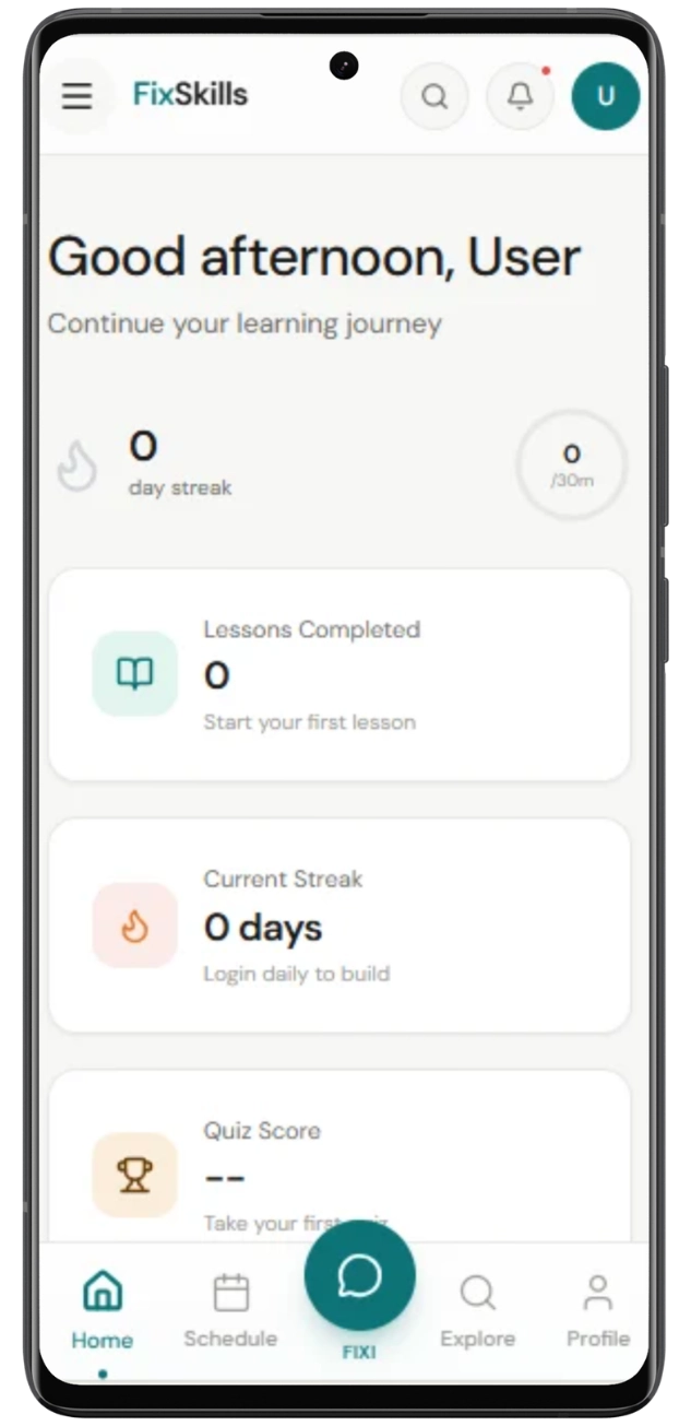 A smartphone mockup showing the mobile interface of the FixSkills e-learning dashboard with user progress tracking cards.