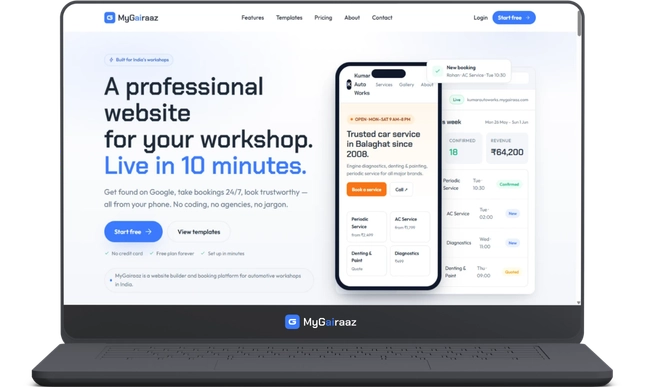 A laptop screen showcasing the homepage of My Gairaaz, a website builder for automotive workshops, featuring a smartphone mockup of a garage website.