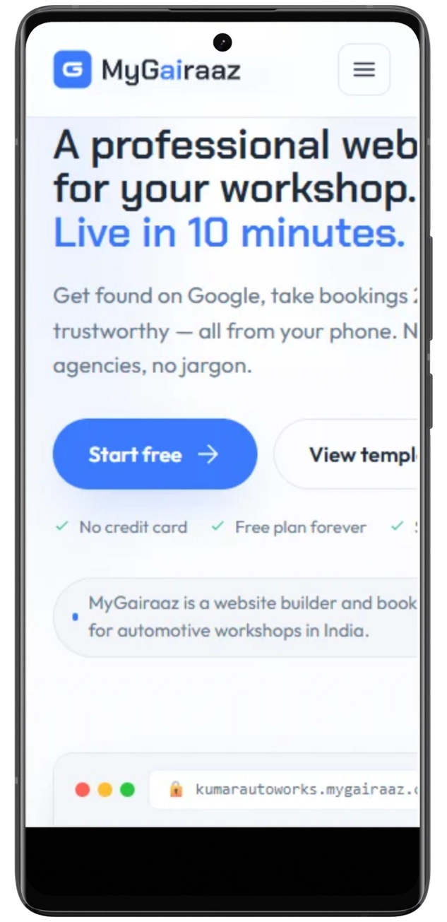 A smartphone mockup displaying the mobile-responsive landing page of My Gairaaz website builder for automotive workshops.