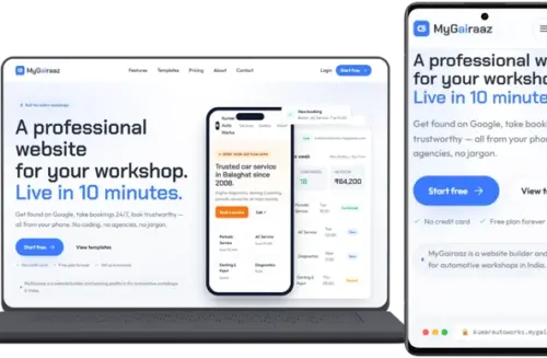 "A laptop and mobile responsive mockup of the MyGairaaz website builder landing page. The interface features the bold headline 'A professional website for your workshop. Live in 10 minutes.' with call-to-action buttons in a blue, white, and orange color palette."