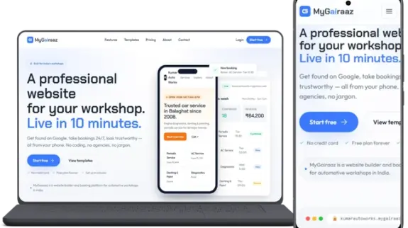 "A laptop and mobile responsive mockup of the MyGairaaz website builder landing page. The interface features the bold headline 'A professional website for your workshop. Live in 10 minutes.' with call-to-action buttons in a blue, white, and orange color palette."