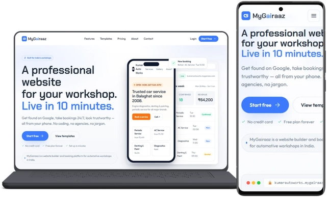 "A laptop and mobile responsive mockup of the MyGairaaz website builder landing page. The interface features the bold headline 'A professional website for your workshop. Live in 10 minutes.' with call-to-action buttons in a blue, white, and orange color palette."