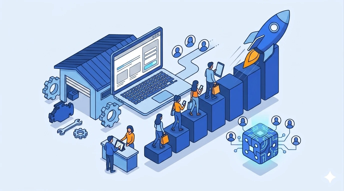 Isometric vector illustration of a local workshop business growing with a new website, showing customers walking up a rising bar graph toward a launching rocket, in a blue and orange color theme."